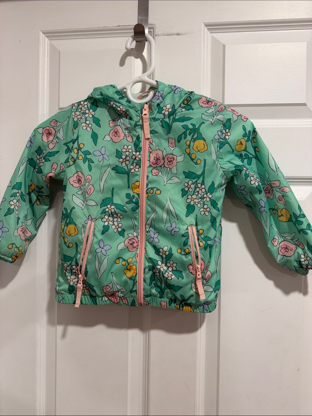 Cat & Jack Mint Green Floral Hooded Rain Jacket with Pink Trim